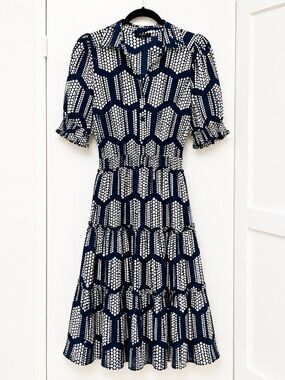 Tahari Navy and White Geometric Midi Dress